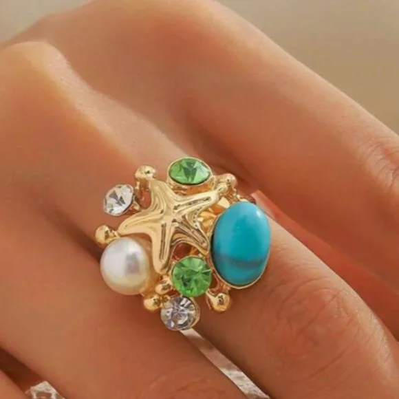 Elegant Aesthetic Simulated Pearl and Turquoise 14K gold-plated ring - Picture 1 of 3